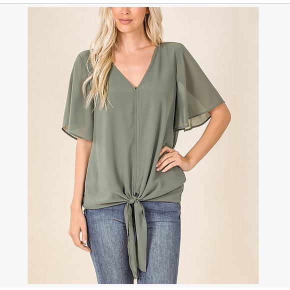 Zenana Outfitters Tops - Zenana Outfitters Olive Tie Front Blouse